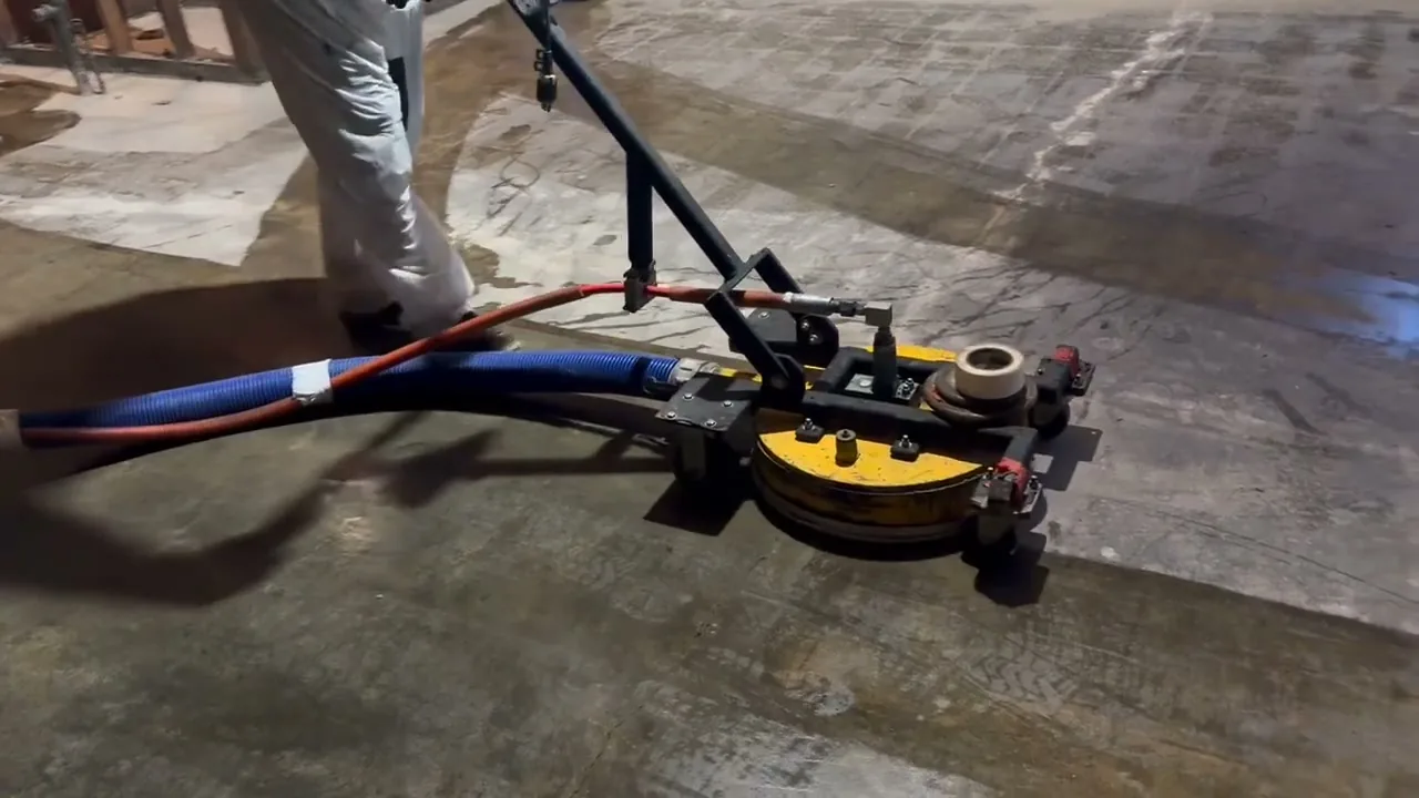 Worker in a white protective suit running a UHP water blasting head that strips asbestos adhesive off a concrete slab, with the vacuum recovery hose alongside